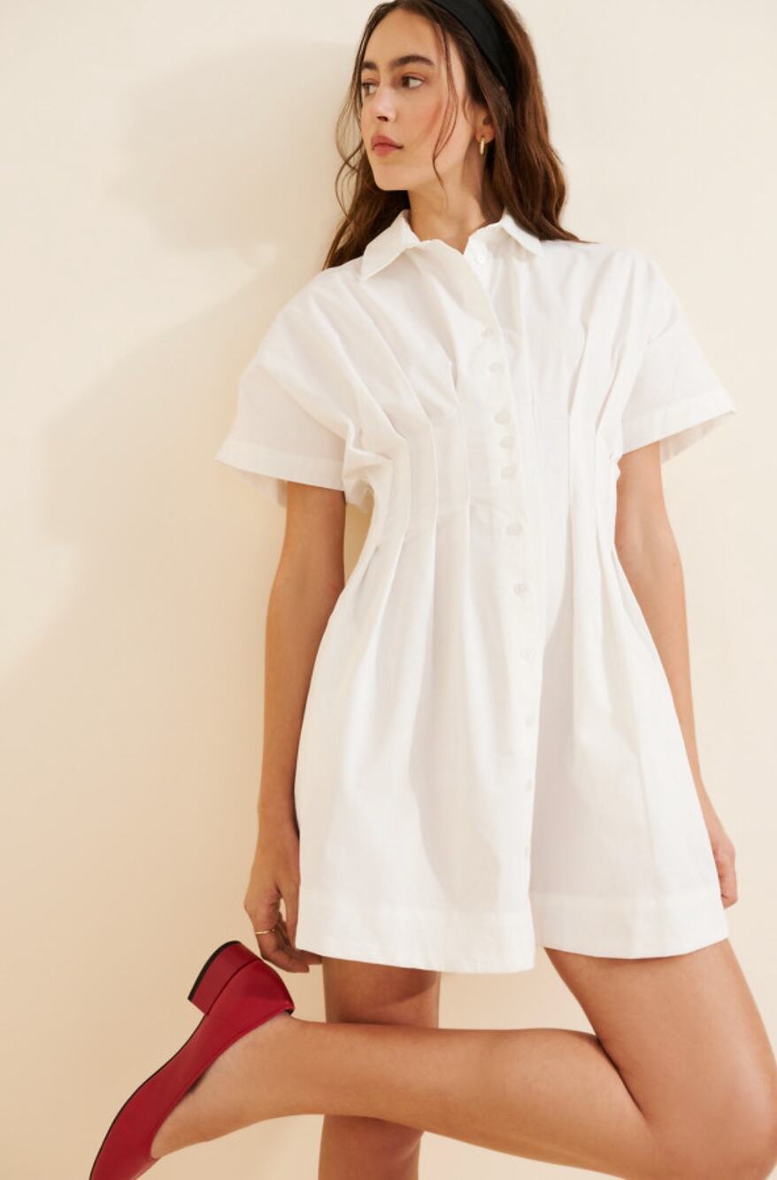 EXQUISE The Tobie Button-Front Pleated Mini Shirtdress in White Size Small